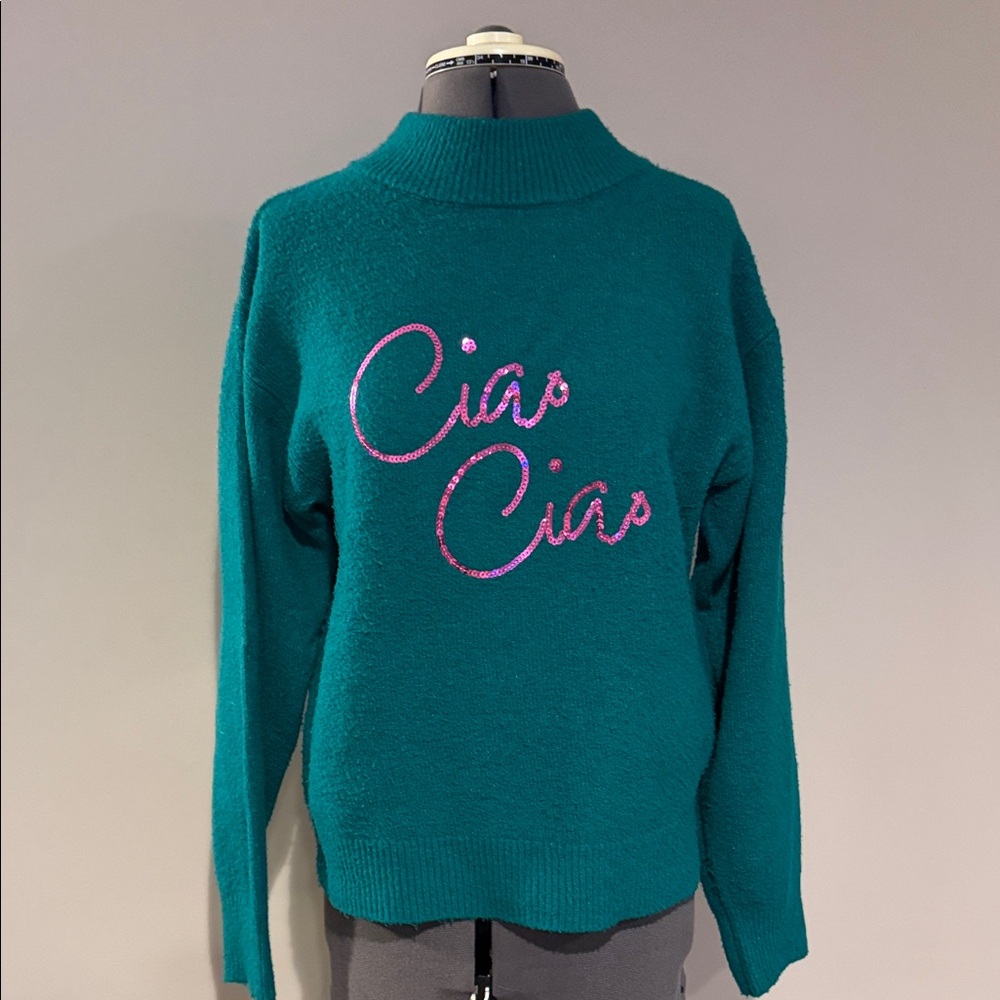 a new day Teal Cowlneck Sweater with Pink Glitter 'Ciao Ciao' - Picture 1 of 4